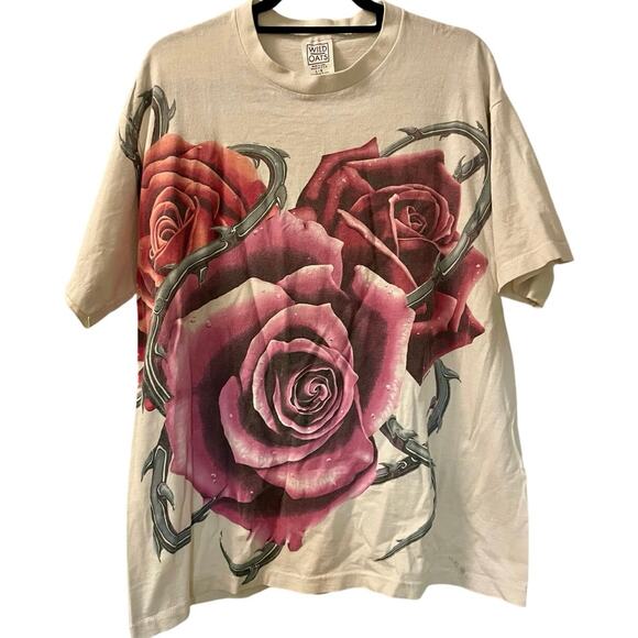 Vintage 90s Grateful Dead Jerry Garcia Memorial Roses + Barbed Wire AOP Shirt L - Picture 1 of 4
